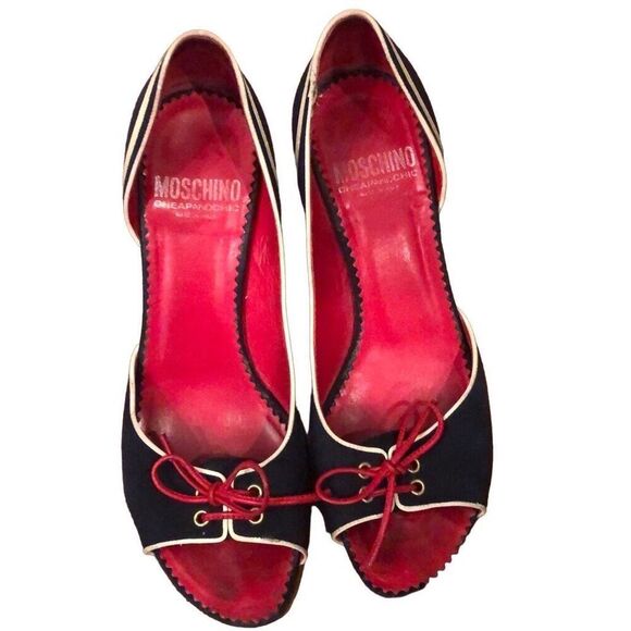Mochino vintage Navy and beige heels size 7 1/2 open toe - Picture 2 of 9